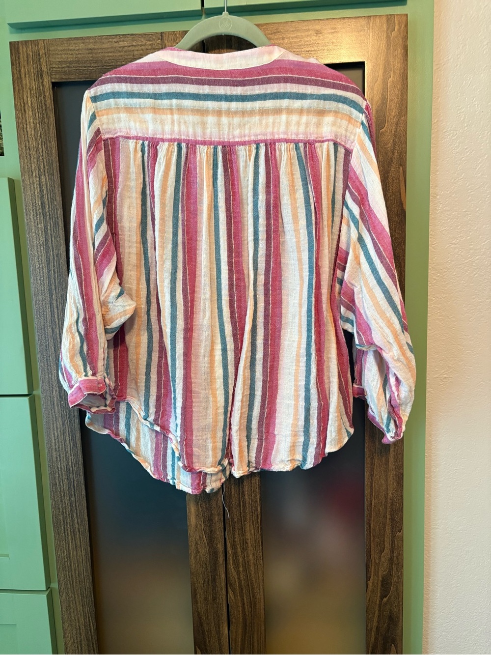Kaari blue Pink Striped Women's Peasant Blouse - Picture 2 of 5